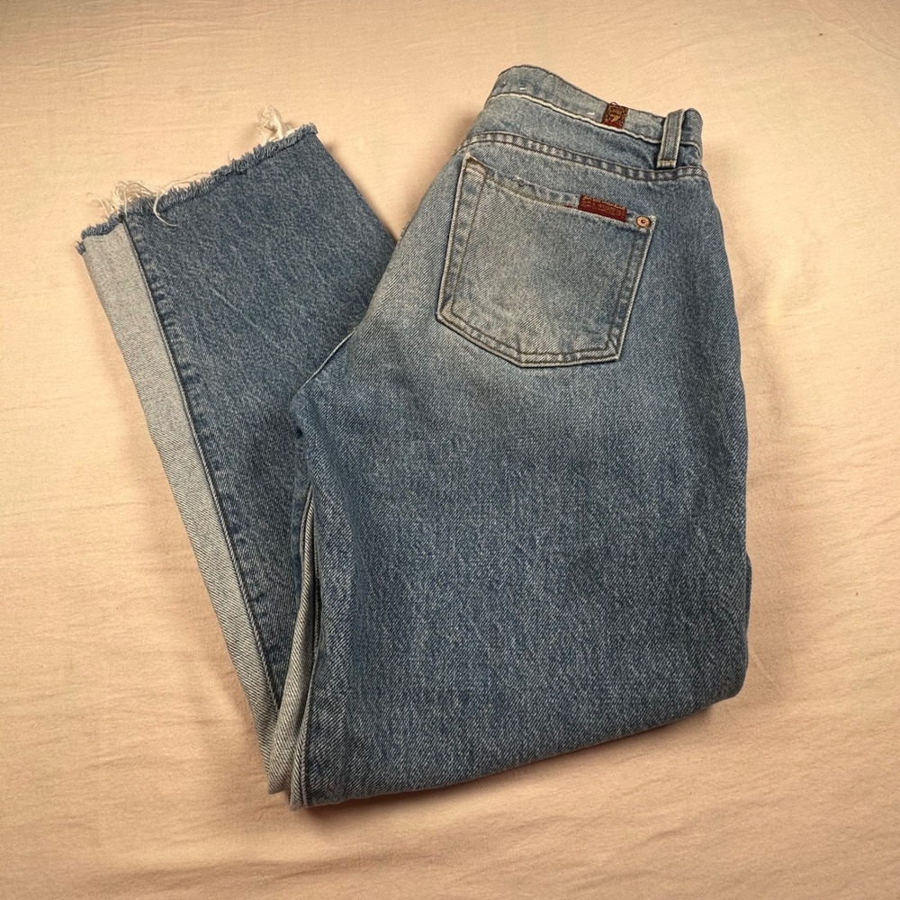 7 For All Mankind Paneled Lotta High Rise Wide Leg Raw Hem Jeans Blue 25. FLAW